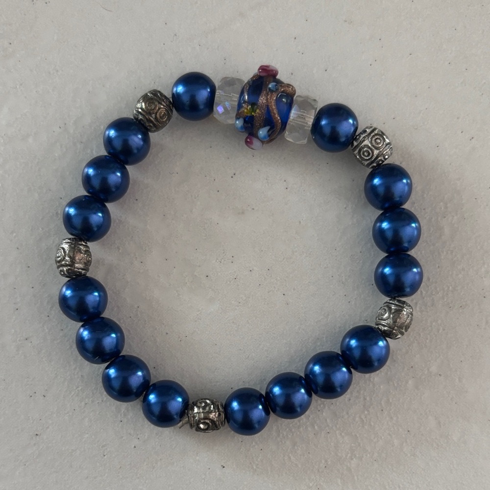 Blue Beaded Bracelet with Silver Accents
